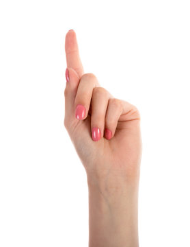 Female hand showing one finger isolated on white background