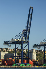 Fototapeta na wymiar Descarga de containers con grúas en puerto