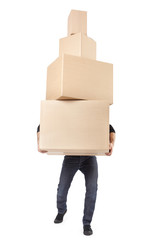 Man with cardboard boxes on white, clipping path