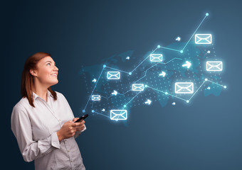 Young lady holding a phone with arrows and message icons
