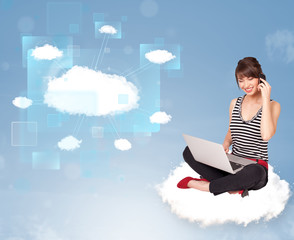 Happy girl looking at modern cloud network