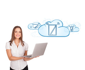young woman presenting modern devices in clouds