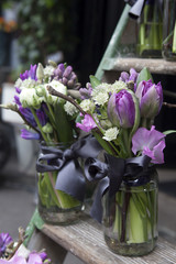 decoration . bouquet of blue hyacinth in vase of glass.