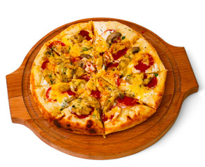tasty mushrooms pizza with cheese on wooden tray close up white