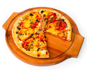tasty pizza with cheese on wooden tray close up white background