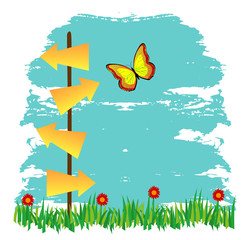 cartelli a forma di freccia su paesaggio con prato e  fiori