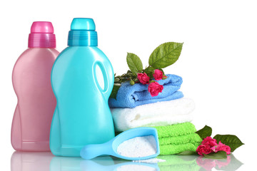 Obraz na płótnie Canvas Detergent with washing powder and towels isolated on white