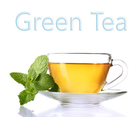 Cup of tea with mint isolated on white