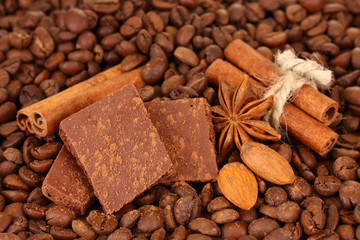 Chopped chocolate with cocoa, spices, on coffee beans
