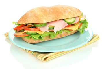 Fresh and tasty sandwich with ham and vegetables isolated