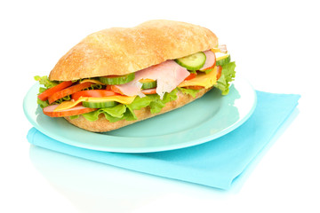 Fresh and tasty sandwich with ham and vegetables isolated