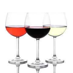 Assortment of wine in glasses isolated on white