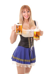 smiling waitress with two mugs of beer