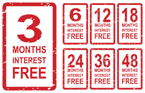 Set of red rubber stamps for interest free concept, including 3, 6, 12, 18, 24, 36 and 48 months interest free