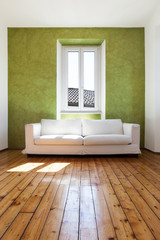 home interior, view white sofa and window