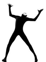 performer mime with mask complaigning looking up