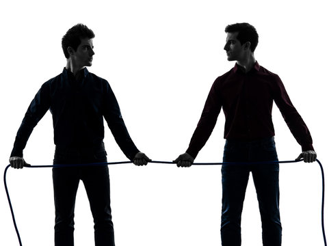 Two  Men Twin Brother Friends Tug Of War Silhouette