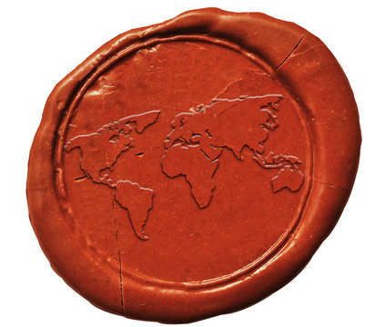 world map sign on wax seal