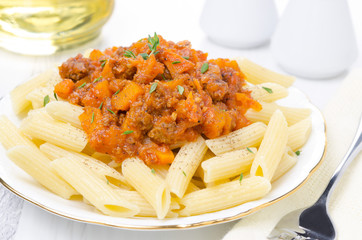 penne pasta with sauce of beef, tomato and pumpkin close-up