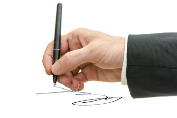 Business man hand signing on a virtual whiteboard