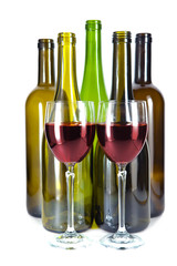Bright colorful wine bottles and glass