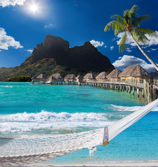  palms , hammock and ocean. Bora-Bora. Polynesia