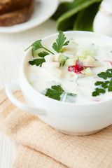 Russian Okroshka in a white tureen