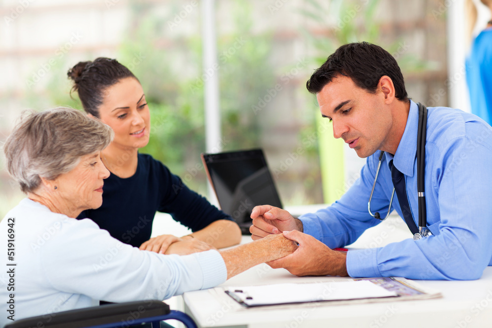 Wall mural dermatologist inspecting senior patient skin