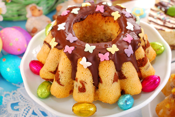 marble ring cake with chocolate and sprinkles