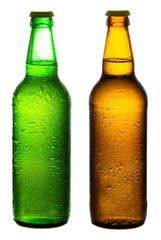 Brown and green beer bottles with drops isolated