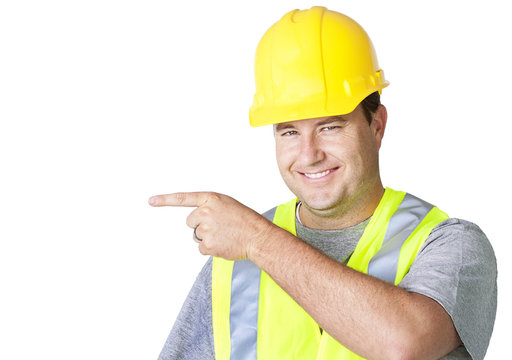 Rugged Male Worker Pointing to Empty Space