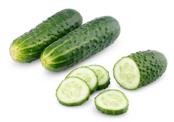 Sliced cucumber vegetable isolated on white with clipping path