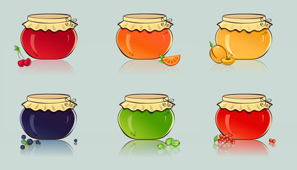 Vector set of jars with berry and fruit jam.