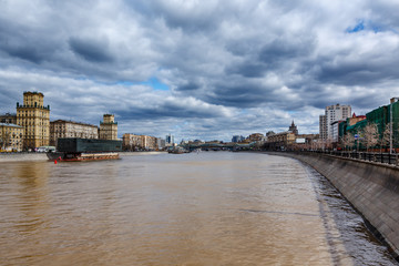 Fototapeta premium Moscow River Embankment and Khamovniki Cityscape, Moscow, Russia