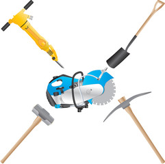 A Jack Hammer,Stone Saw,Shovel,Pickaxe,and Sledge Hammer