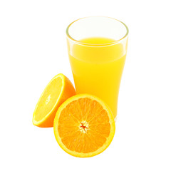 Glass of orange juice and two riped side on white background.