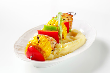 Shish kebab and mashed potato