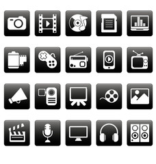 White media icons on black squares