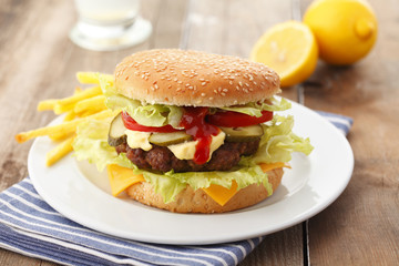 Beef Cheese Hamburger with French Fries