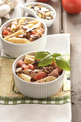 Gratin in round bowl on colorful napkin