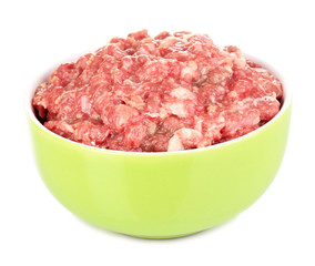 Bowl of raw ground meat isolated on white