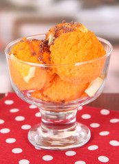 Delicious ice cream on table in cafe