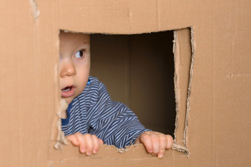 staunendes Baby schaut vorsichtig aus Fenster