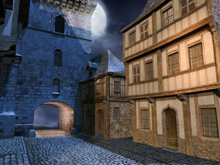 Średniowieczna ulica w świetle księżyca