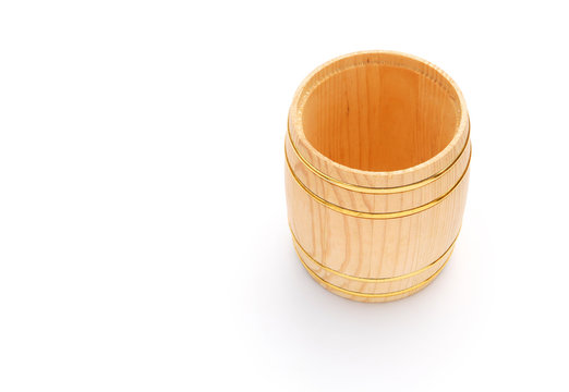top view wooden barrel on white with copy space