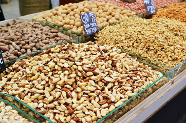 Assortment of nuts on market stand in Israel