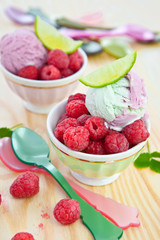Ice cream with fresh raspberries