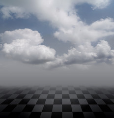 surrealistic landscape with chessboard and clouds