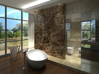rendering of a modern  luxurious bathroom