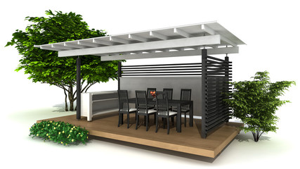 rendering of an outdoor  kitchen and dining area